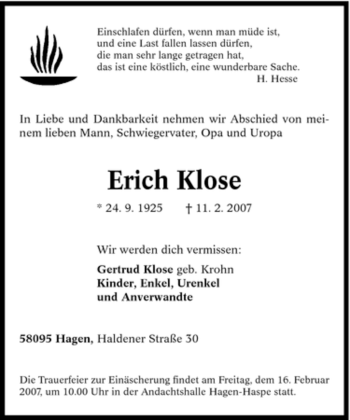 Traueranzeige von Erich Klose von Tageszeitung
