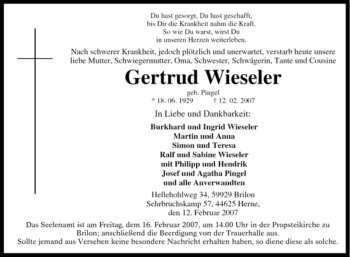 Traueranzeige von Gertrud Wieseler von Tageszeitung