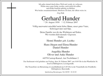 Traueranzeige von Gerhard Hunder von Tageszeitung