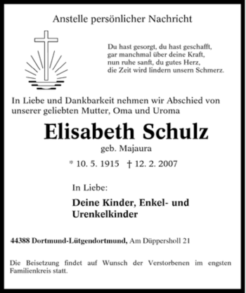 Traueranzeige von Elisabeth Schulz von Tageszeitung