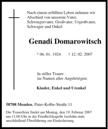 Traueranzeige von Genadi Domarowitsch von Tageszeitung