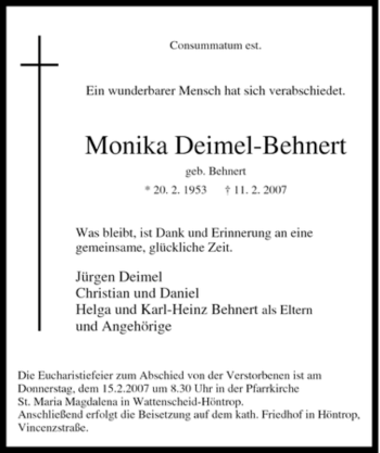 Traueranzeige von Monika Deimel-Behnert von Tageszeitung