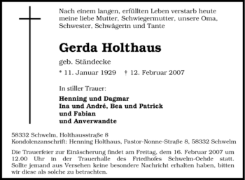 Traueranzeige von Gerda Holthaus von Tageszeitung