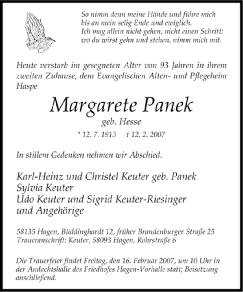  Traueranzeige für Margarete Panek vom 14.02.2007 aus Tageszeitung