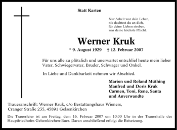 Traueranzeige von Werner Kruk von Tageszeitung