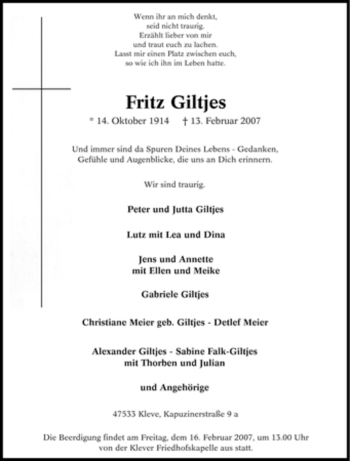 Traueranzeige von Fritz Giltjes von Tageszeitung