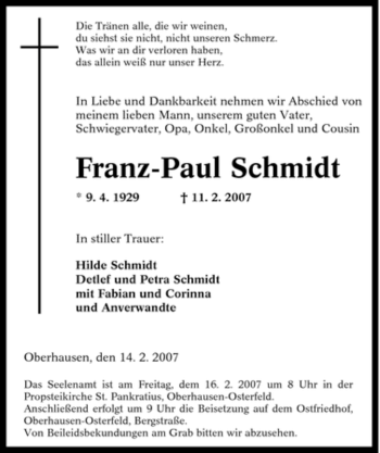 Traueranzeige von Franz-Paul Schmidt von Tageszeitung