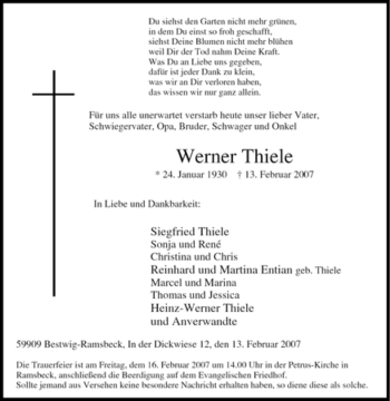 Traueranzeige von Werner Thiele von Tageszeitung