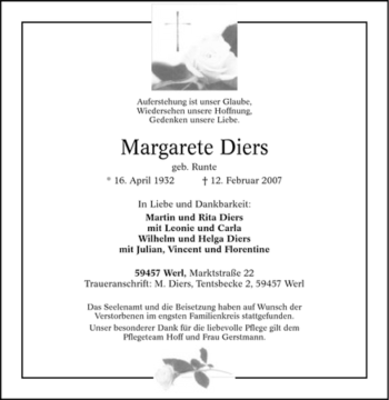 Traueranzeige von Margarete Diers von Tageszeitung