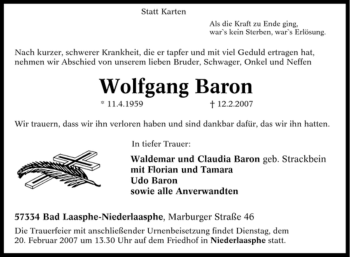 Traueranzeige von Wolfgang Baron von Tageszeitung