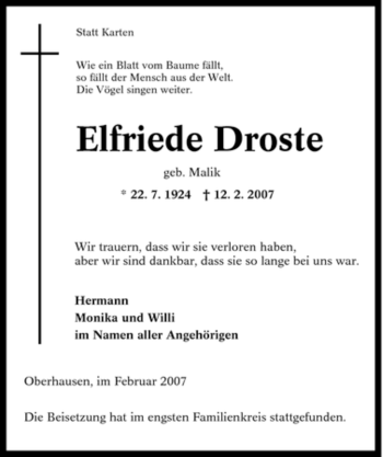 Traueranzeige von Elfriede Droste von Tageszeitung