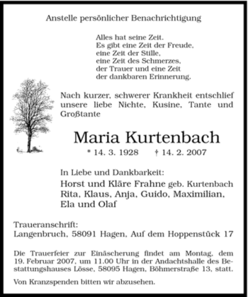 Traueranzeige von Maria Kurtenbach von Tageszeitung