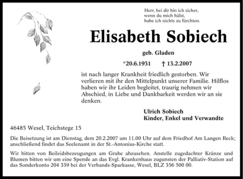  Traueranzeige für Elisabeth Sobiech vom 16.02.2007 aus Tageszeitung