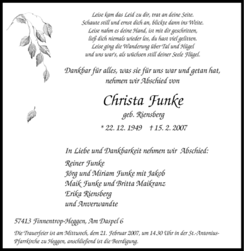  Traueranzeige für Christa Funke vom 16.02.2007 aus Tageszeitung