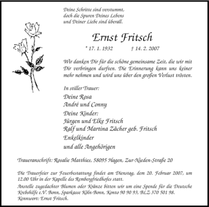  Traueranzeige für Ernst Fritsch vom 16.02.2007 aus Tageszeitung
