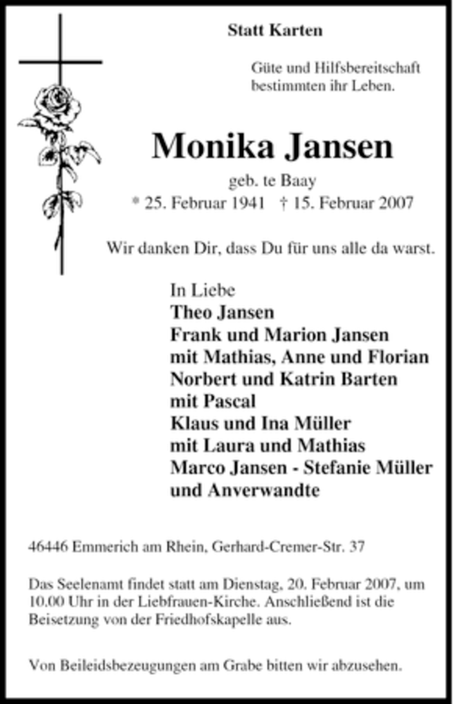  Traueranzeige für Monika Jansen vom 16.02.2007 aus Tageszeitung