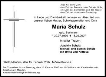 Traueranzeige von Maria Schulz von Tageszeitung