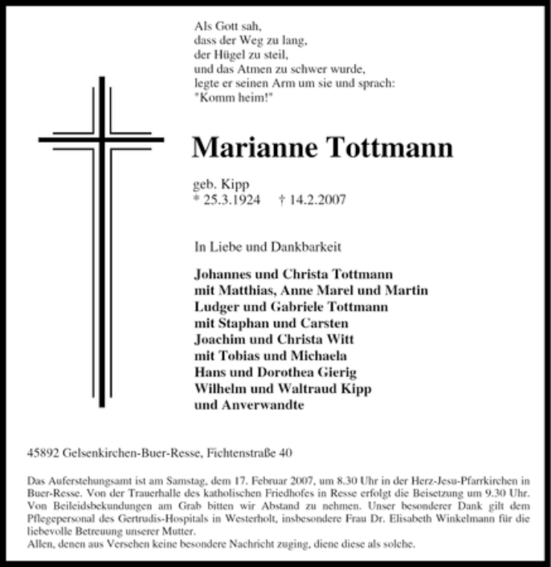  Traueranzeige für Marianne Tottmann vom 16.02.2007 aus Tageszeitung