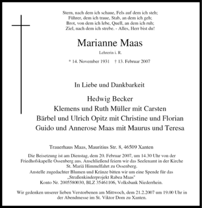  Traueranzeige für Marianne Maas vom 16.02.2007 aus Tageszeitung