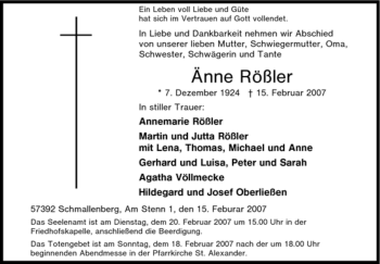 Traueranzeige von Änne Rößler von Tageszeitung