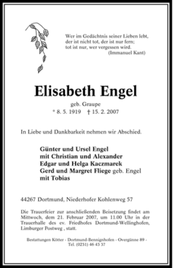 Traueranzeige von Elisabeth Engel von Tageszeitung
