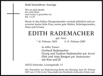 Traueranzeige von Edith Rademacher von Tageszeitung