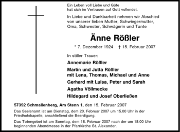 Traueranzeige von Änne Rößler von Tageszeitung
