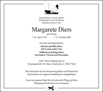 Traueranzeige von Margarete Diers von Tageszeitung