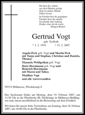 Traueranzeige von Gertrud Vogt von Tageszeitung