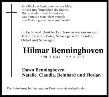 Traueranzeige von Hilmar Benninghoven von Tageszeitung