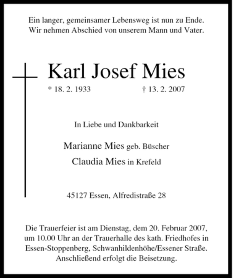  Traueranzeige für Karl Josef Mies vom 17.02.2007 aus Tageszeitung
