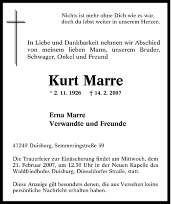 Traueranzeige von Kurt Marre von Tageszeitung