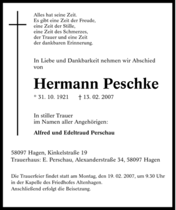 Traueranzeige von Hermann Peschke von Tageszeitung