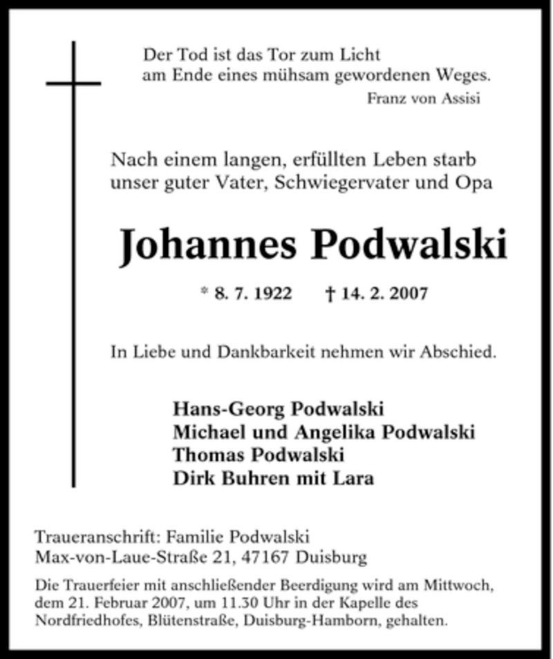  Traueranzeige für Johannes Podwalski vom 17.02.2007 aus Tageszeitung