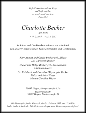 Traueranzeige von Charlotte Becker von Tageszeitung