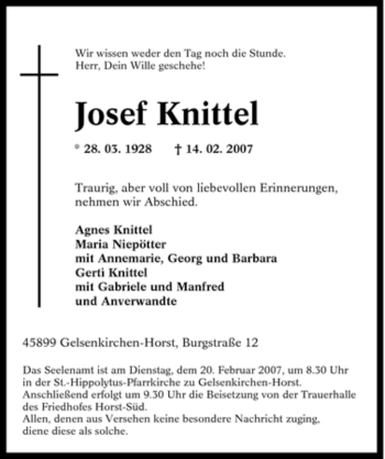 Traueranzeige von Josef Knittel von Tageszeitung