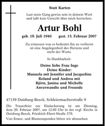 Traueranzeige von Artur Bohl von Tageszeitung