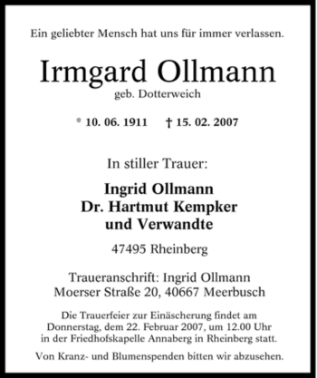Traueranzeige von Irmgard Ollmann von Tageszeitung