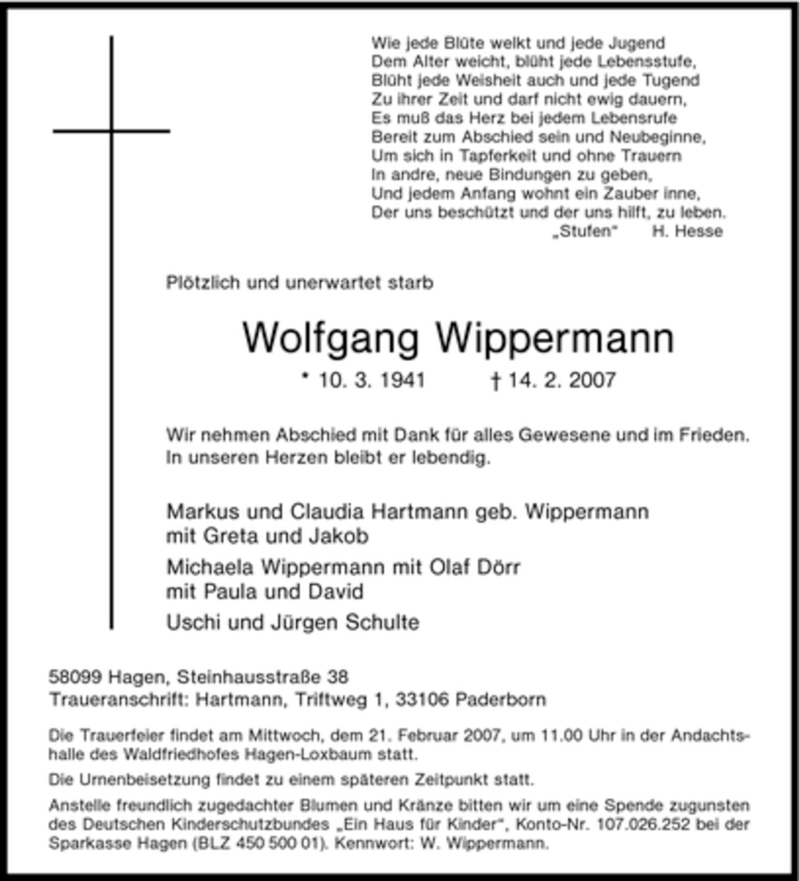  Traueranzeige für Wolfgang Wippermann vom 17.02.2007 aus Tageszeitung