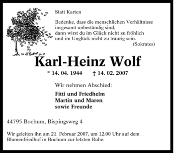 Traueranzeige von Karl-Heinz Wolf von Tageszeitung