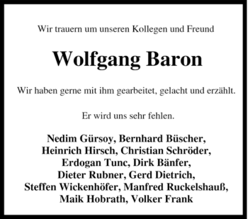 Traueranzeige von Wolfgang Baron von Tageszeitung