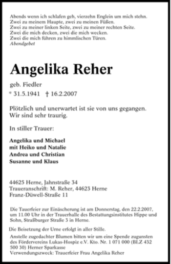 Traueranzeige von Angelika Reher von Tageszeitung