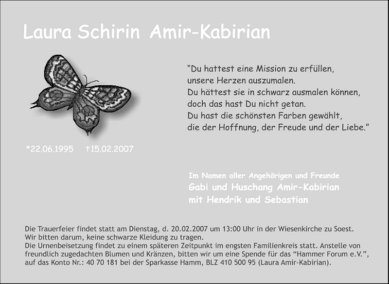  Traueranzeige für Laura Schirin Amir-Kabirian vom 19.02.2007 aus Tageszeitung