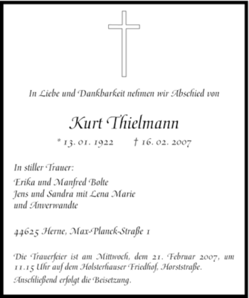 Traueranzeige von Kurt Thielmann von Tageszeitung