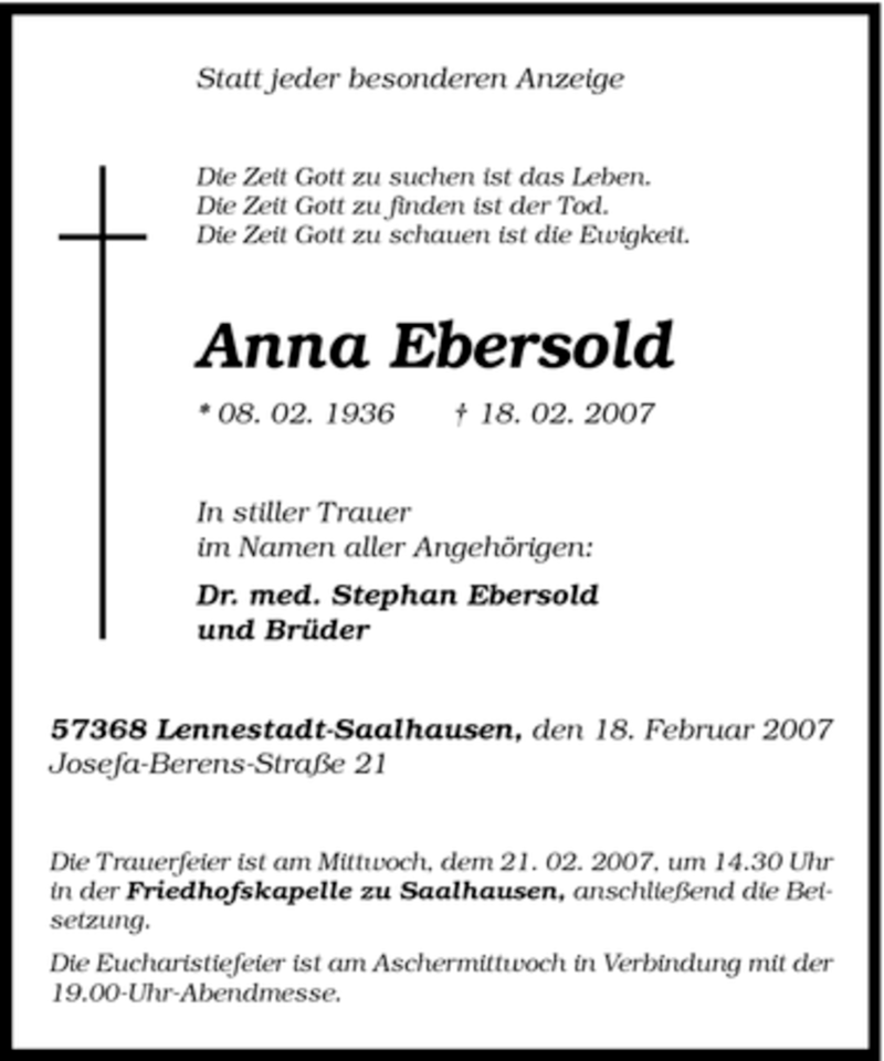  Traueranzeige für Anna Ebersold vom 19.02.2007 aus Tageszeitung