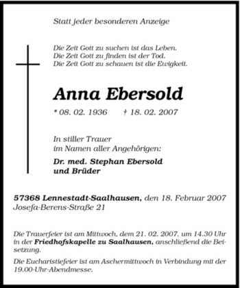 Traueranzeige von Anna Ebersold von Tageszeitung