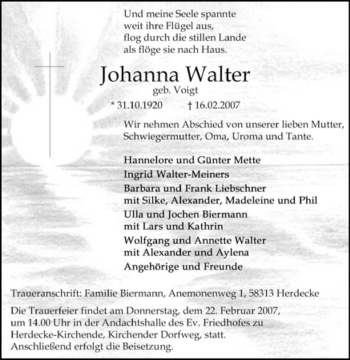Traueranzeige von Johanna Walter von Tageszeitung