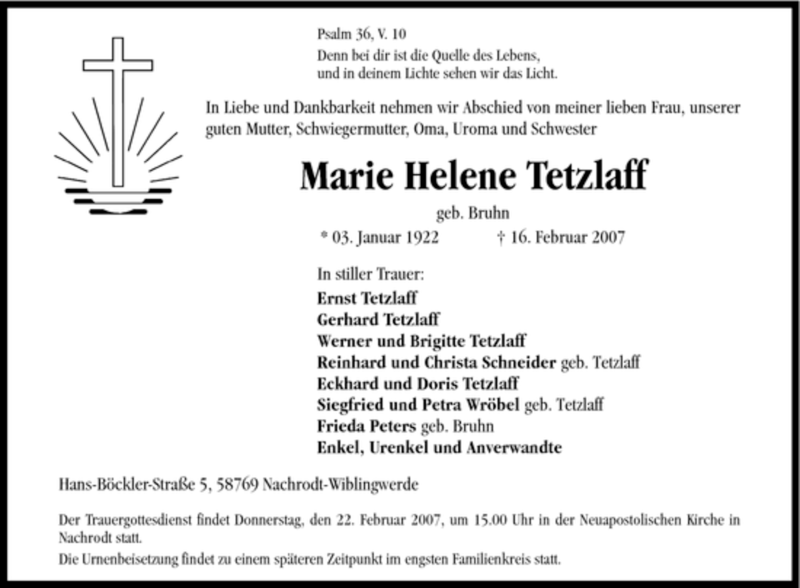  Traueranzeige für Marie Helene Tetzlaff vom 19.02.2007 aus Tageszeitung