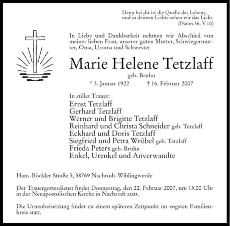  Traueranzeige für Marie Helene Tetzlaff vom 19.02.2007 aus Tageszeitung