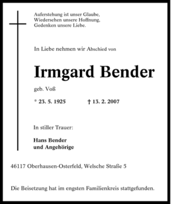 Traueranzeige von Irmgard Bender von Tageszeitung
